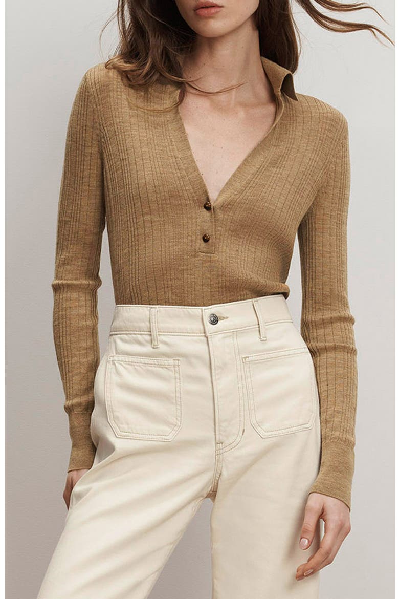 Rouni Johnny Collar Wool Sweater, Main, color, DARK KHAKI