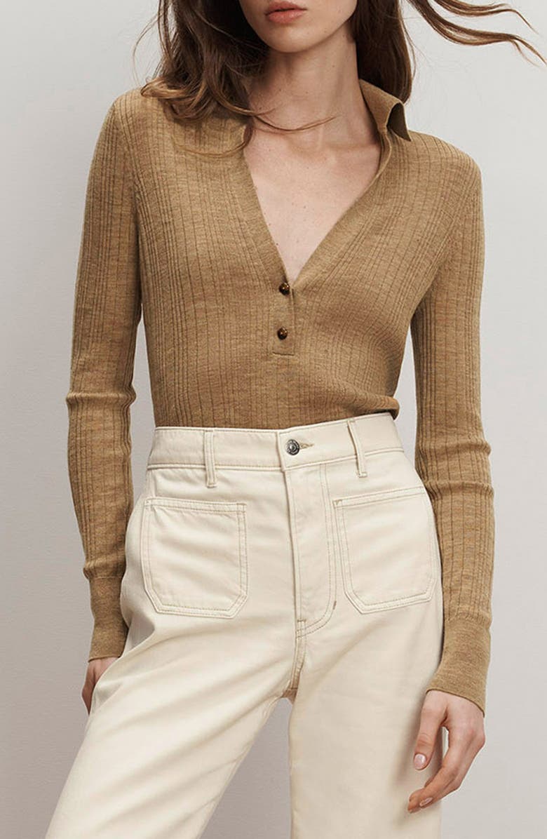 Veronica Beard Rouni Johnny Collar Wool Sweater, Main, color, Dark Khaki