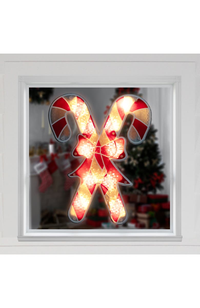 Northlight Lighted Holographic Candy Cane Christmas Window Silhouette - 12" - Clear Lights, Alternate, color, Red
