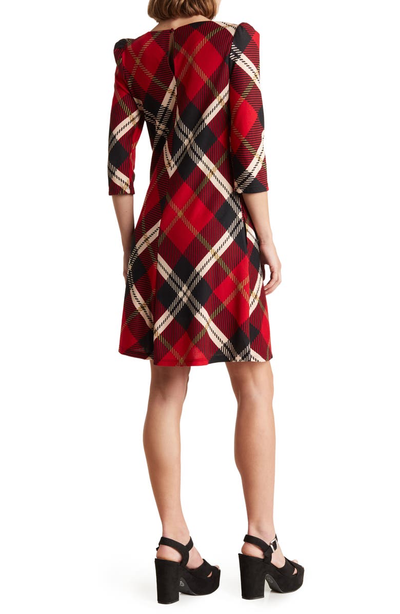 Jessica Howard Plaid Three-Quarter Sleeve Trapeze Dress, Alternate, color, 