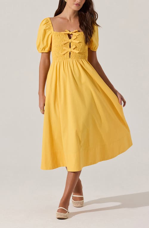 Astr The Label Bow Detail Smock Bodice Cotton Blend Dress In Mustard