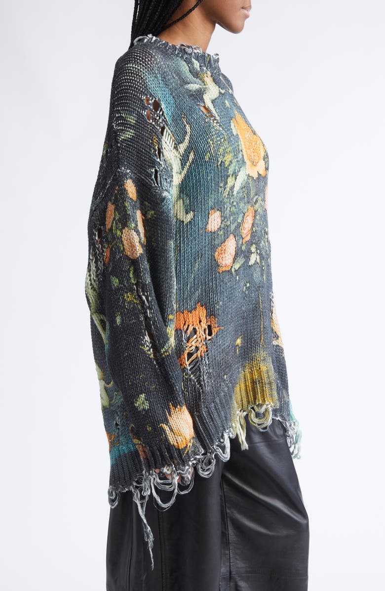 R13 Distressed Oversize Floral Cashmere Boyfriend Sweater, Alternate, color, Multicolor Black