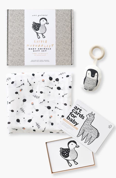 Newborn Gift Set with Swaddle Blanket, Wooden Teether and Art Cards for Baby