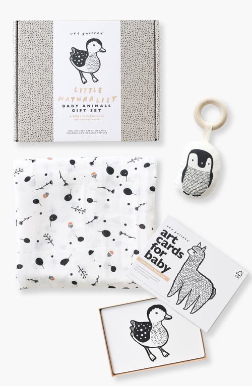 Wee Gallery Newborn Gift Set With Swaddle Blanket, Wooden Teether And Art Cards For Baby In Black