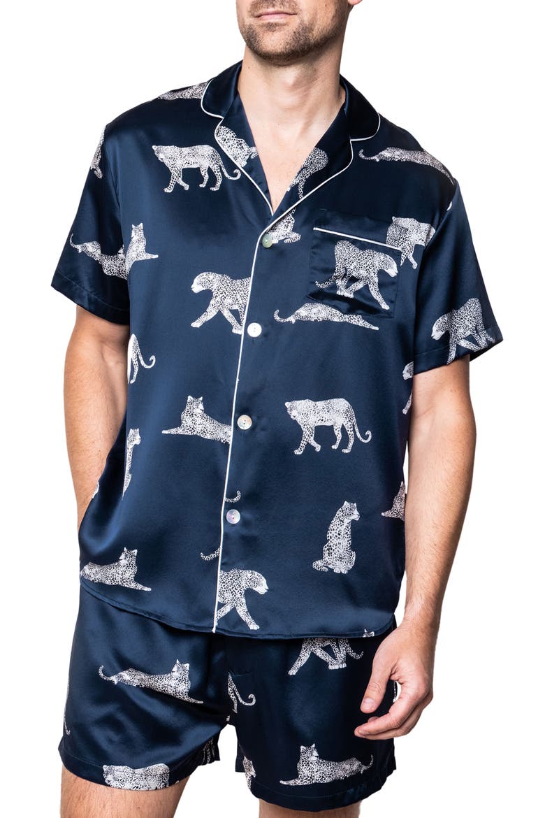 Panther Print Silk Short Set, Main, color, NAVY