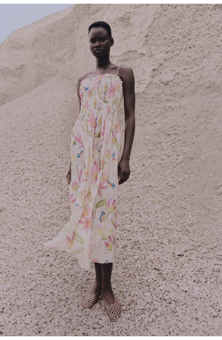 H&M Smocked-bodice Strappy Dress, Alternate, color, Cream/Floral