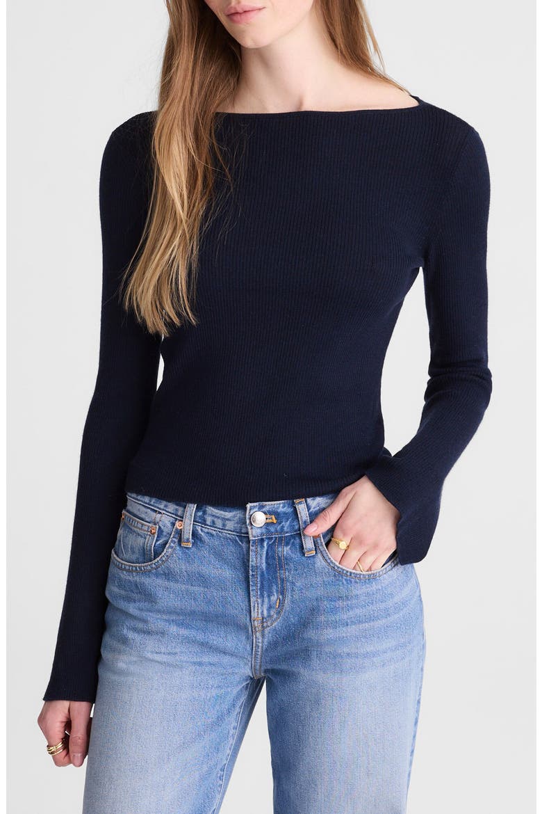 Boat Neck Flare Sleeve Wool & Silk Sweater, Main, color, DARK NAVY