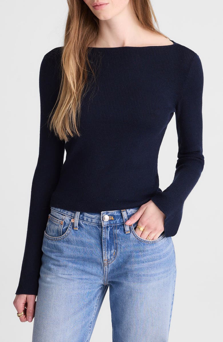 Madewell Boat Neck Flare Sleeve Wool & Silk Sweater, Main, color, Dark Navy