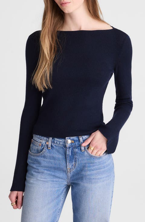 Boat Neck Flare Sleeve Wool & Silk Sweater