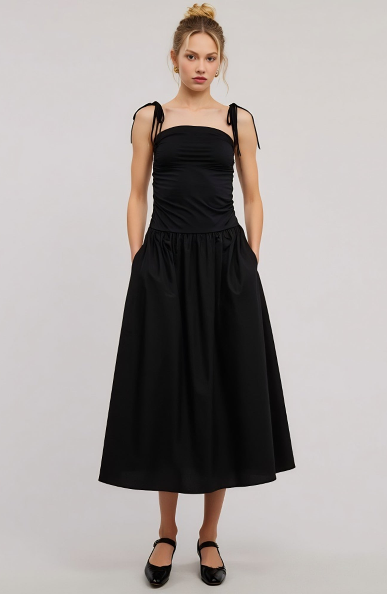 Modenaire Ruched Bodice Tie Strap Gathered Skirt Midi Dress, Main, color, Black