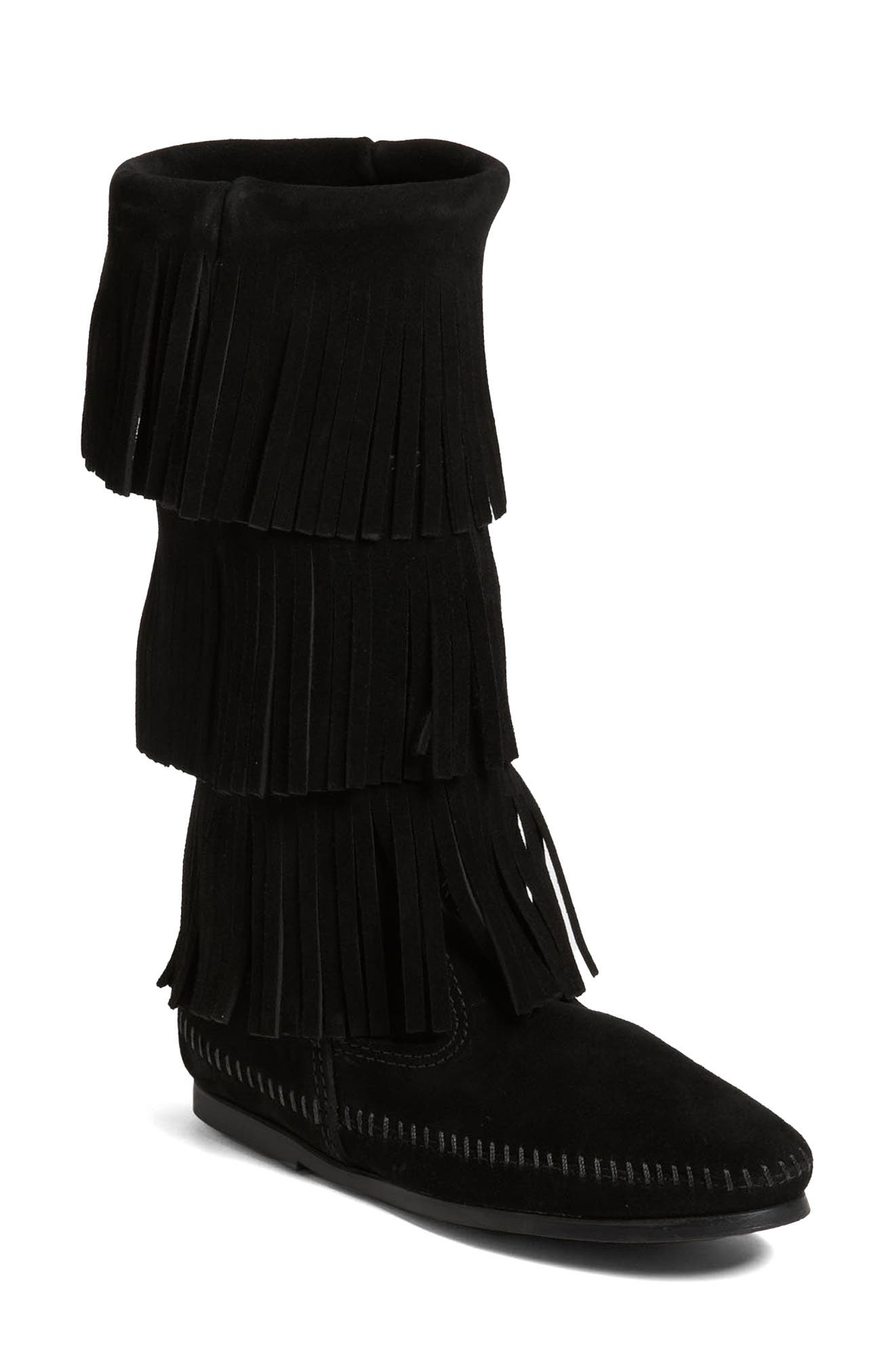 Minnetonka 3-Layer Fringe Boot, Main, color, Black Suede