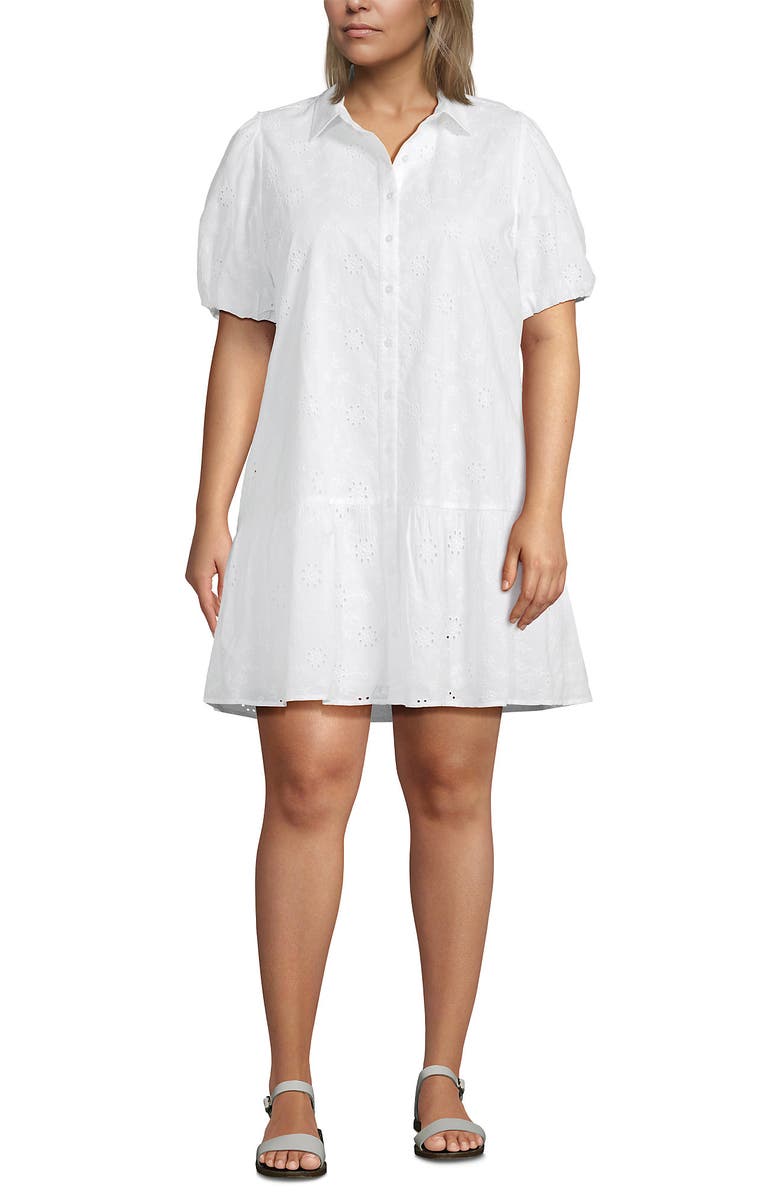 Lands' End Elbow Sleeve Eyelet Knee Length Shirt Dress, Main, color, White Floral Eyelet