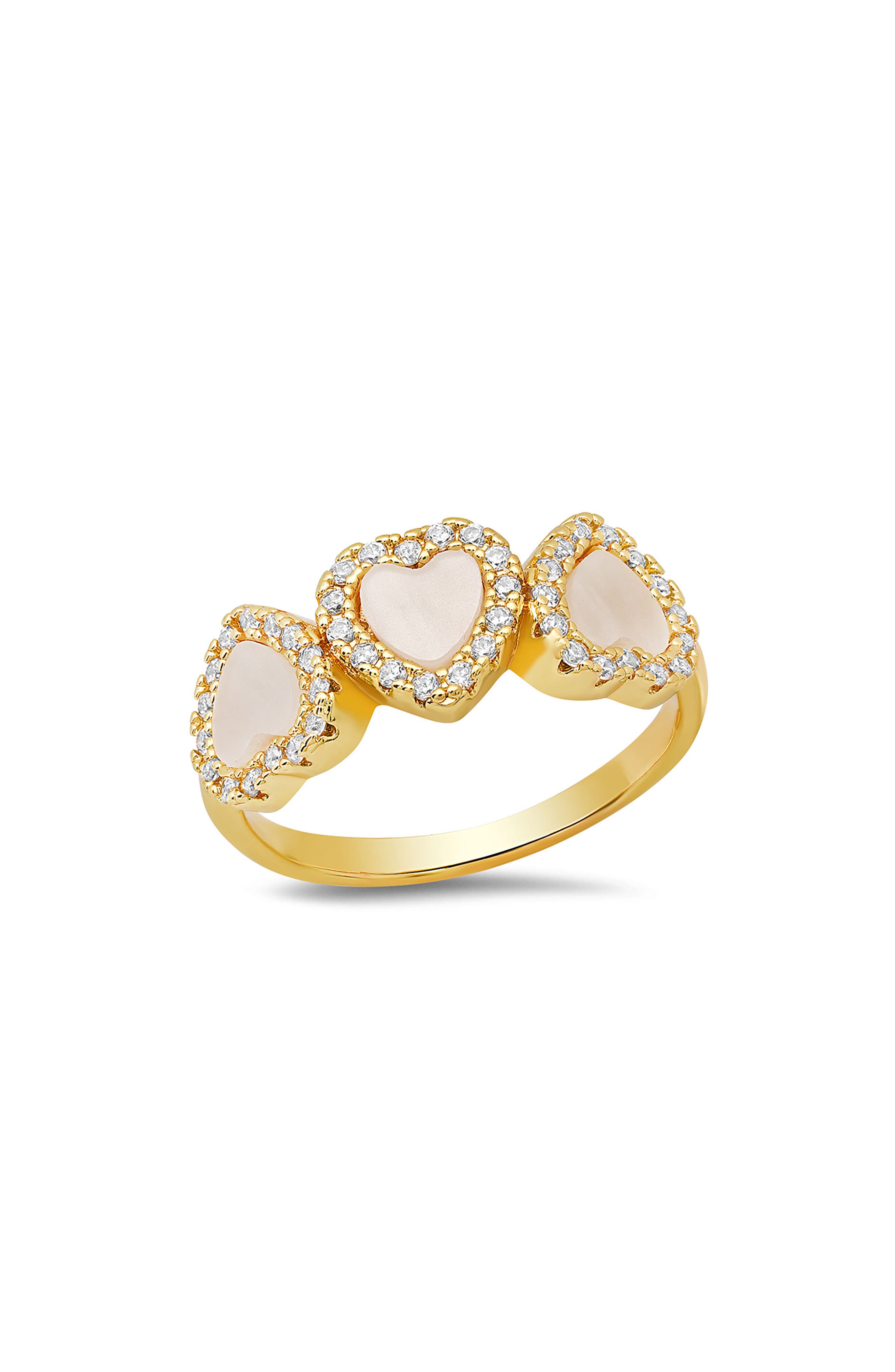 HMY JEWELRY 18K Gold Plated Mother-of-Pearl & Simulated Diamond Heart Ring