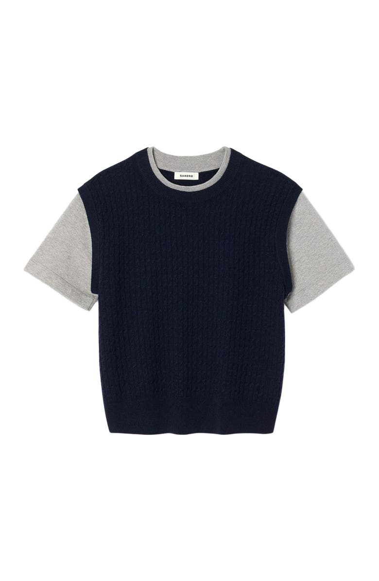 SANDRO Dual-material knit sweater, Alternate, color, Navy / Grey