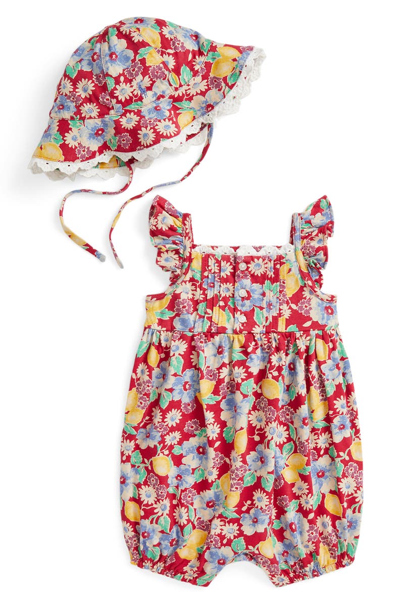 Ralph Lauren Floral Print Cotton Bubble Romper & Sun Hat Set, Main, color, 