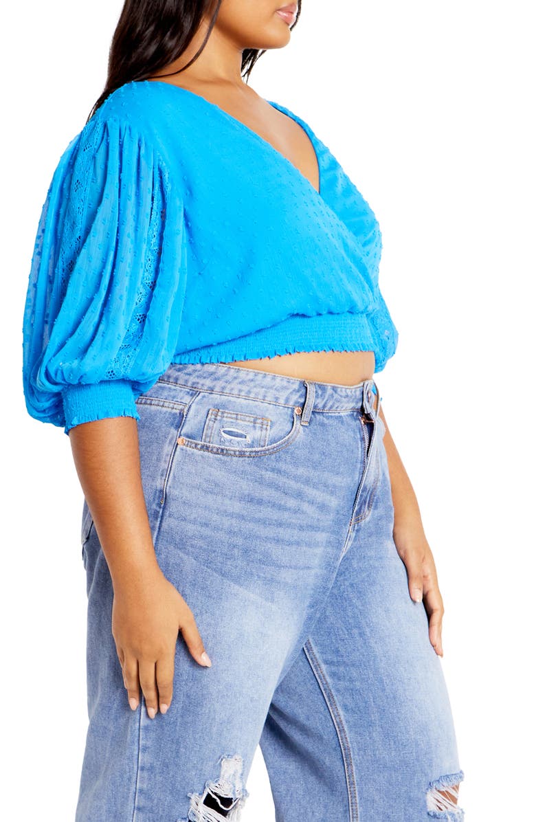 City Chic Dee Swiss Dot Tie Back Crop Top, Alternate, color, Blue