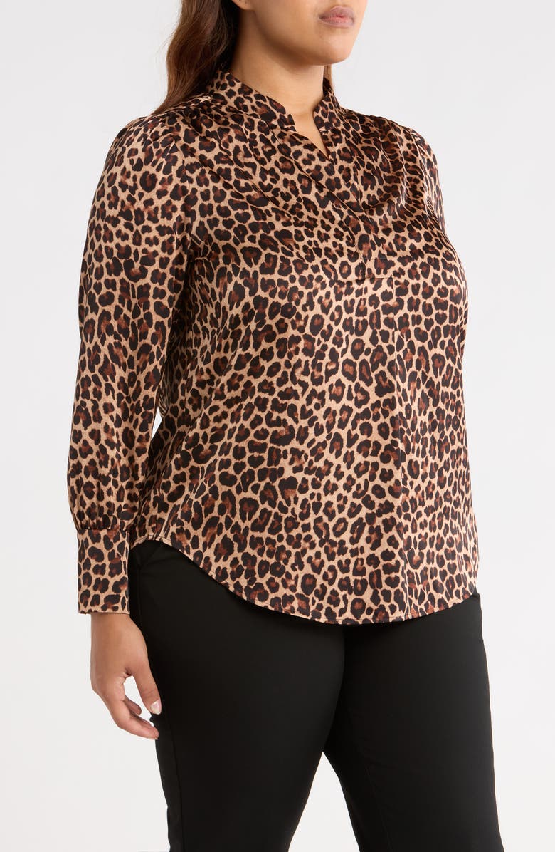 Anne Klein Leopard Print Satin Button-Up Shirt, Alternate, color, 
