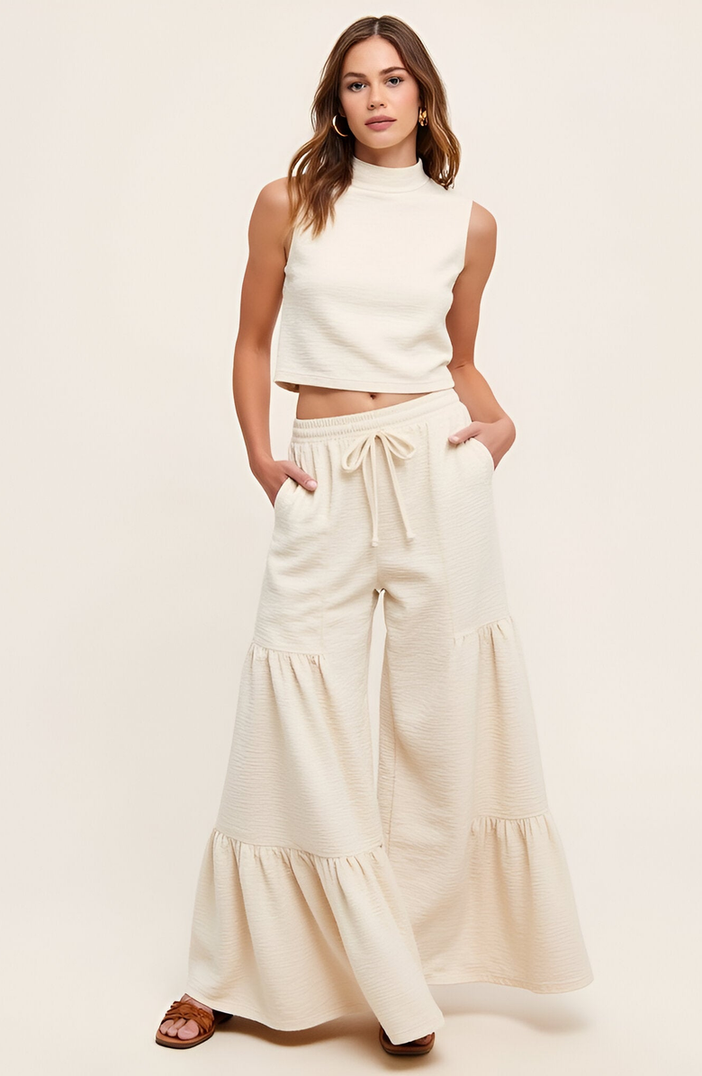 Modenaire Sleeveless Mock Neck Crop Top and Tiered Wide-Leg Pants Set, Main, color, Ivory