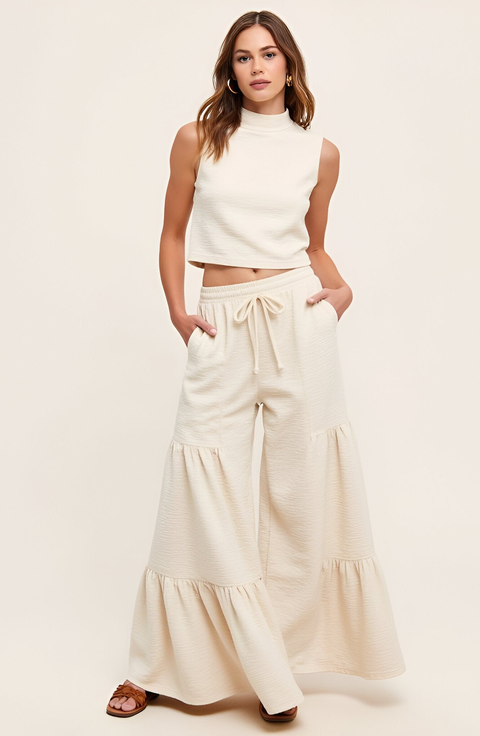 Sleeveless Mock Neck Crop Top and Tiered Wide-Leg Pants Set
