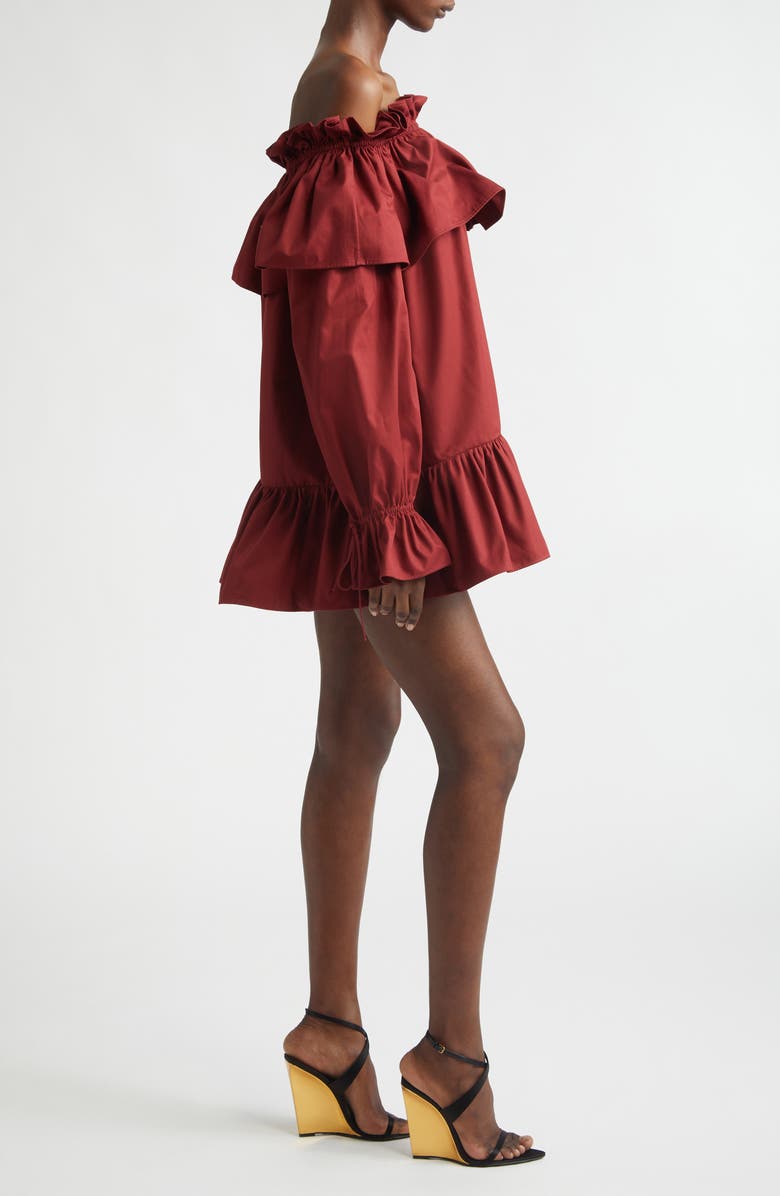 Saint Laurent Long Sleeve Cotton Ruffle Off the Shoulder Minidress, Alternate, color, Rouge Fonce