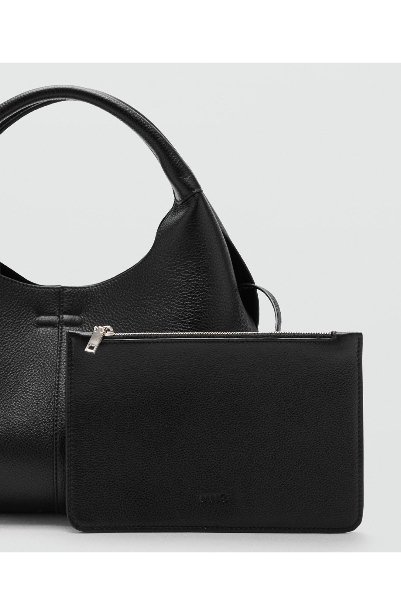 MANGO Leather Shoulder Bag, Alternate, color, Black