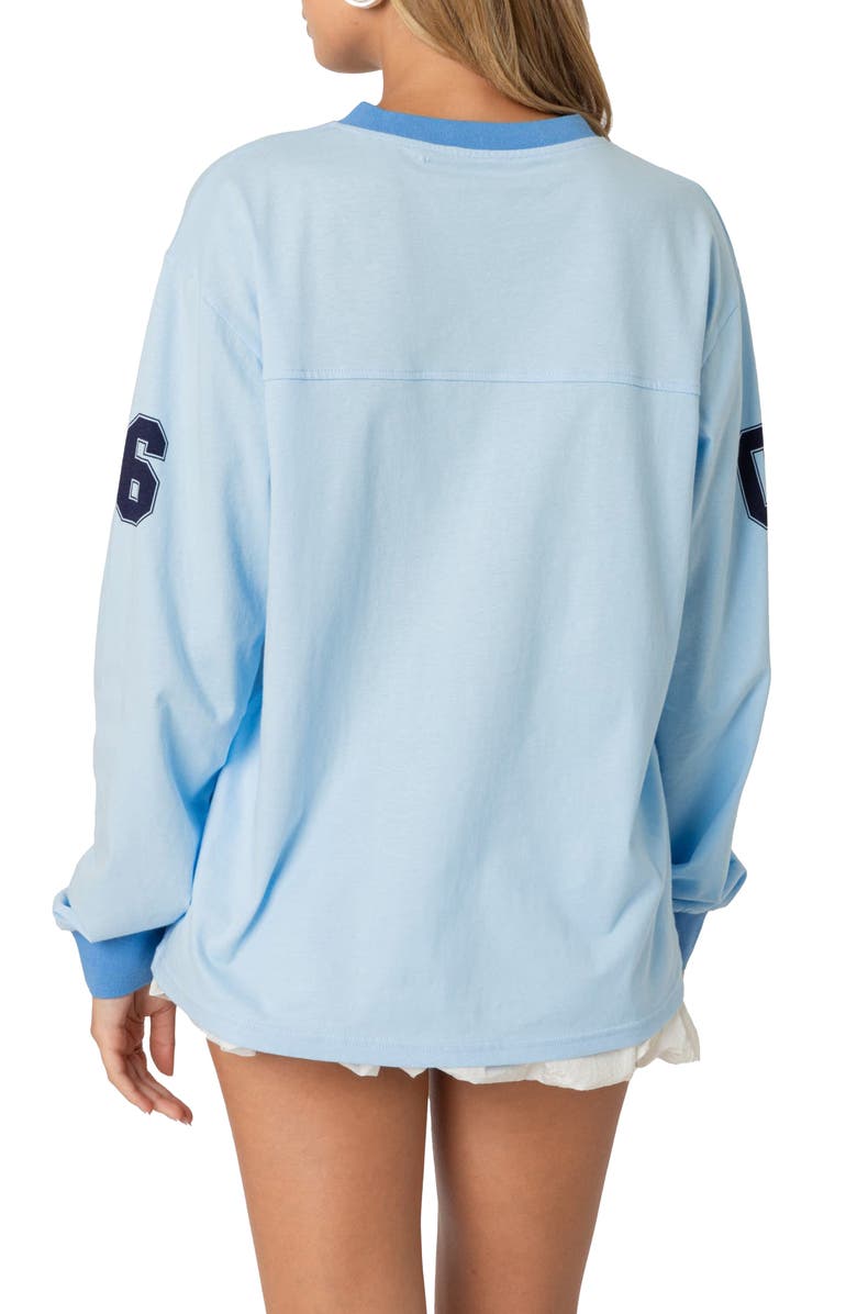 EDIKTED Cali 06 Oversize Long Sleeve Cotton Graphic Football T-Shirt, Alternate, color, Light-Blue