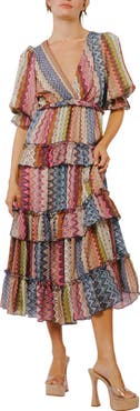 CIEBON Madelyn Stripe Tiered Ruffle Midi Dress