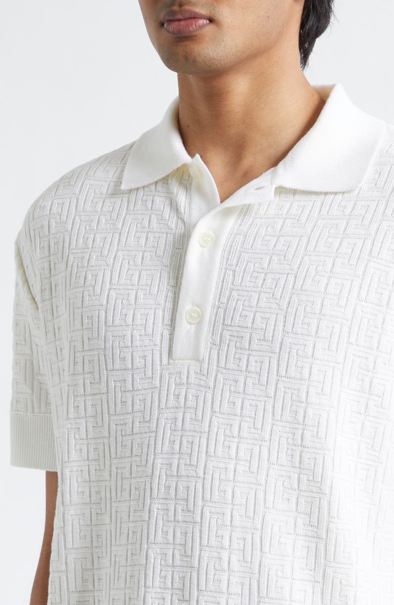 Balmain Monogram Jacquard Merino Wool Blend Polo, Alternate, color, Natural
