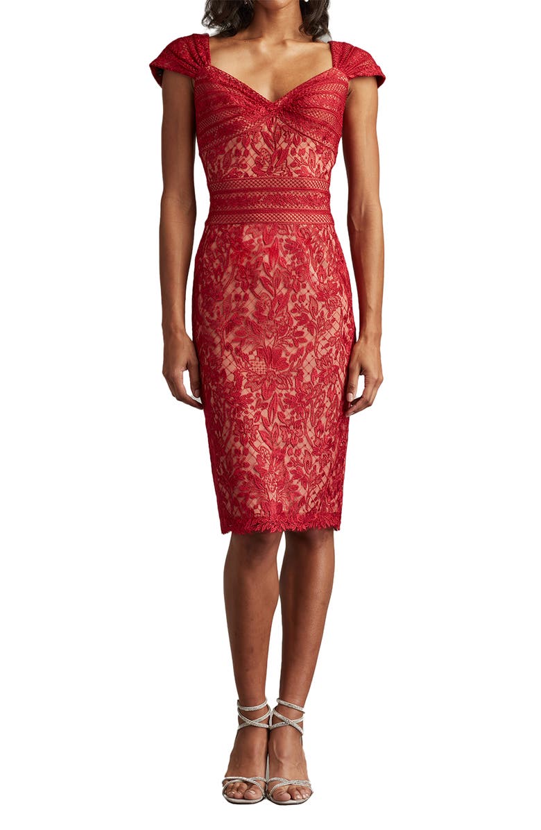 Tadashi Shoji Lace Cap Sleeve Cocktail Dress, Main, color, Cherry/ Medium-Beige
