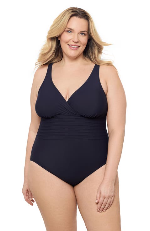 Plus Size V-Neck Surplice Trim Overlay Full Coverage One-Piece Swimsuit