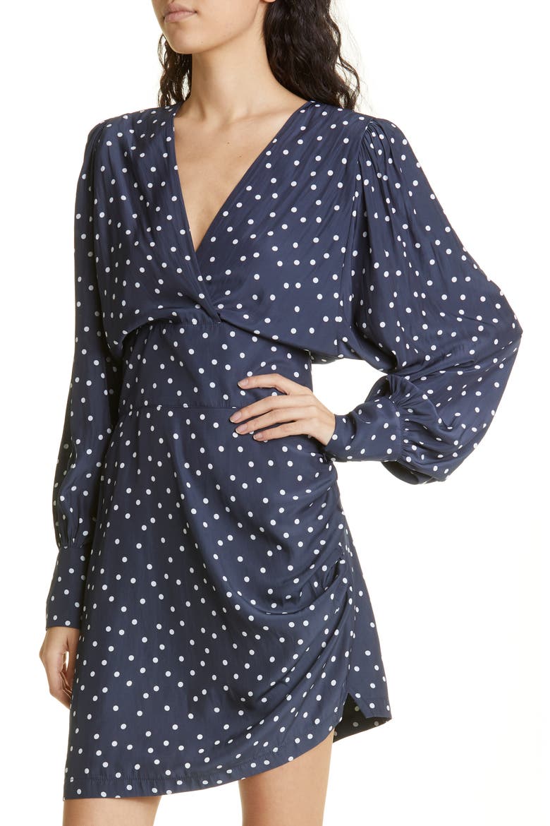 Asymmetric Drape Long Sleeve Minidress, Alternate, color, NAVY/ WHITE DOT