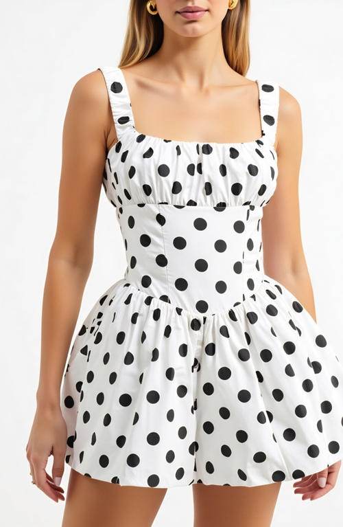 Modenaire Polka Dot Gathered Bust Flared Corset Bodice Mini Dress In White