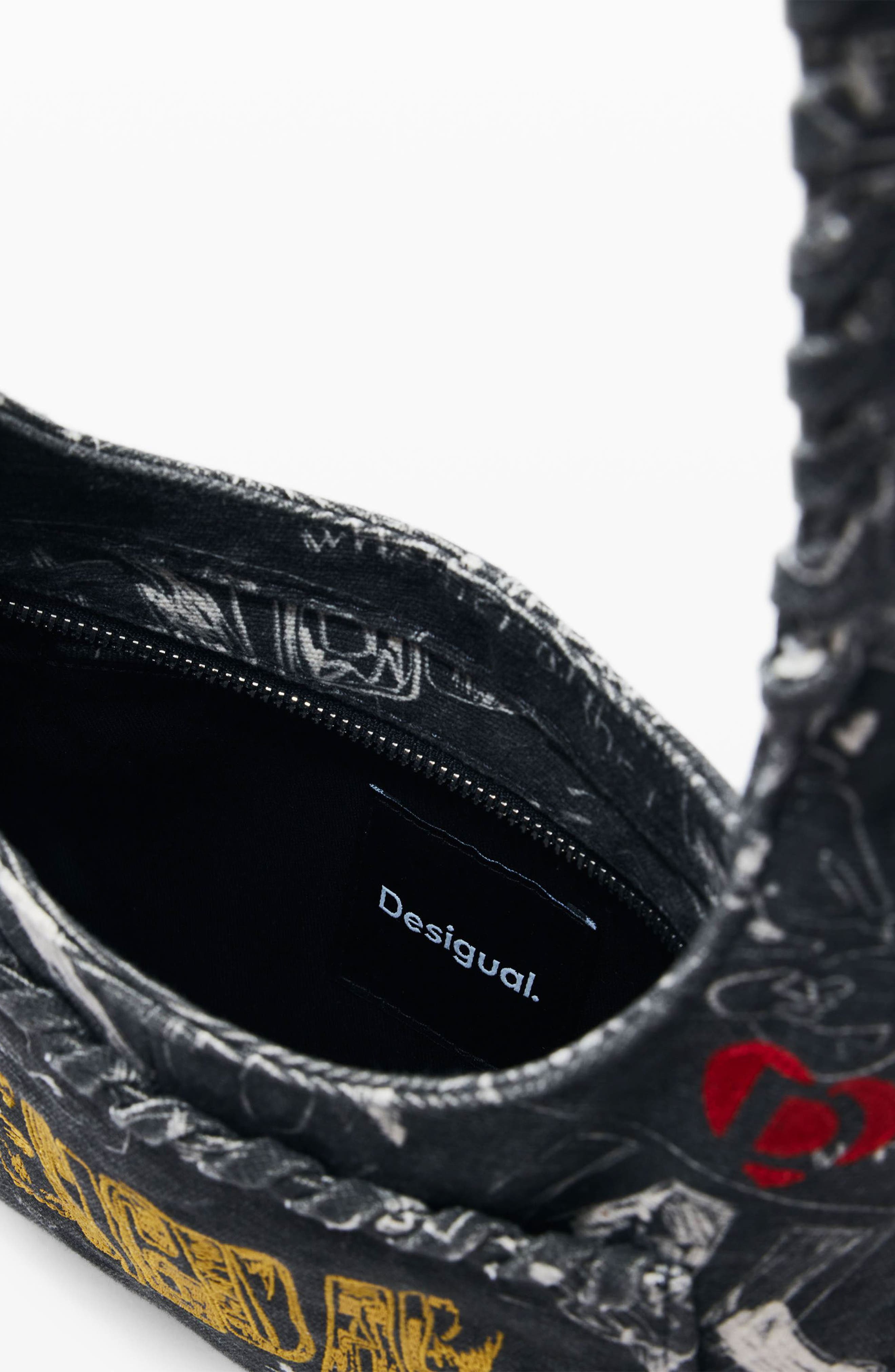 Desigual Embroidered Denim Shoulder Bag, Alternate, color, Black
