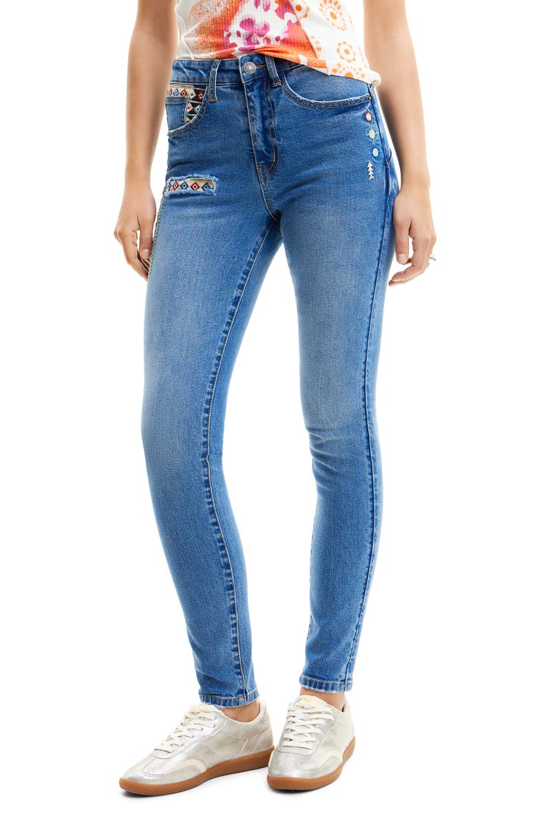 Desigual Slim Embroidered Jeans, Main, color,