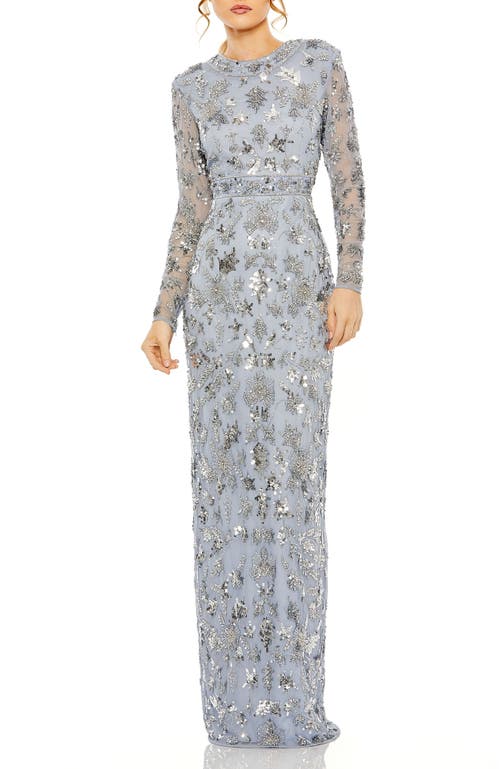 Mac Duggal Sequin Long Sleeve Gown In Slate Blue
