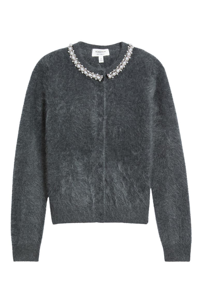 Embellished Brushed Cashmere Cardigan, Main, color, GREY ONYX HEATHER