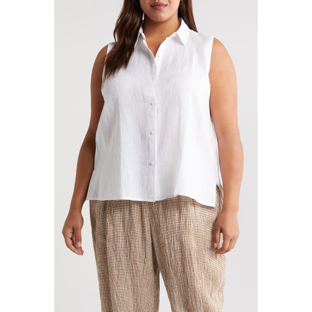 Eileen Fisher Classic Sleeveless Organic Linen Button-up Shirt In White