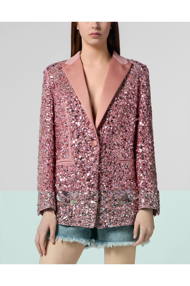Boyfriend's Fit Blazer Butterfly Tattoo Paillettes Women, Main, color, rose/pink