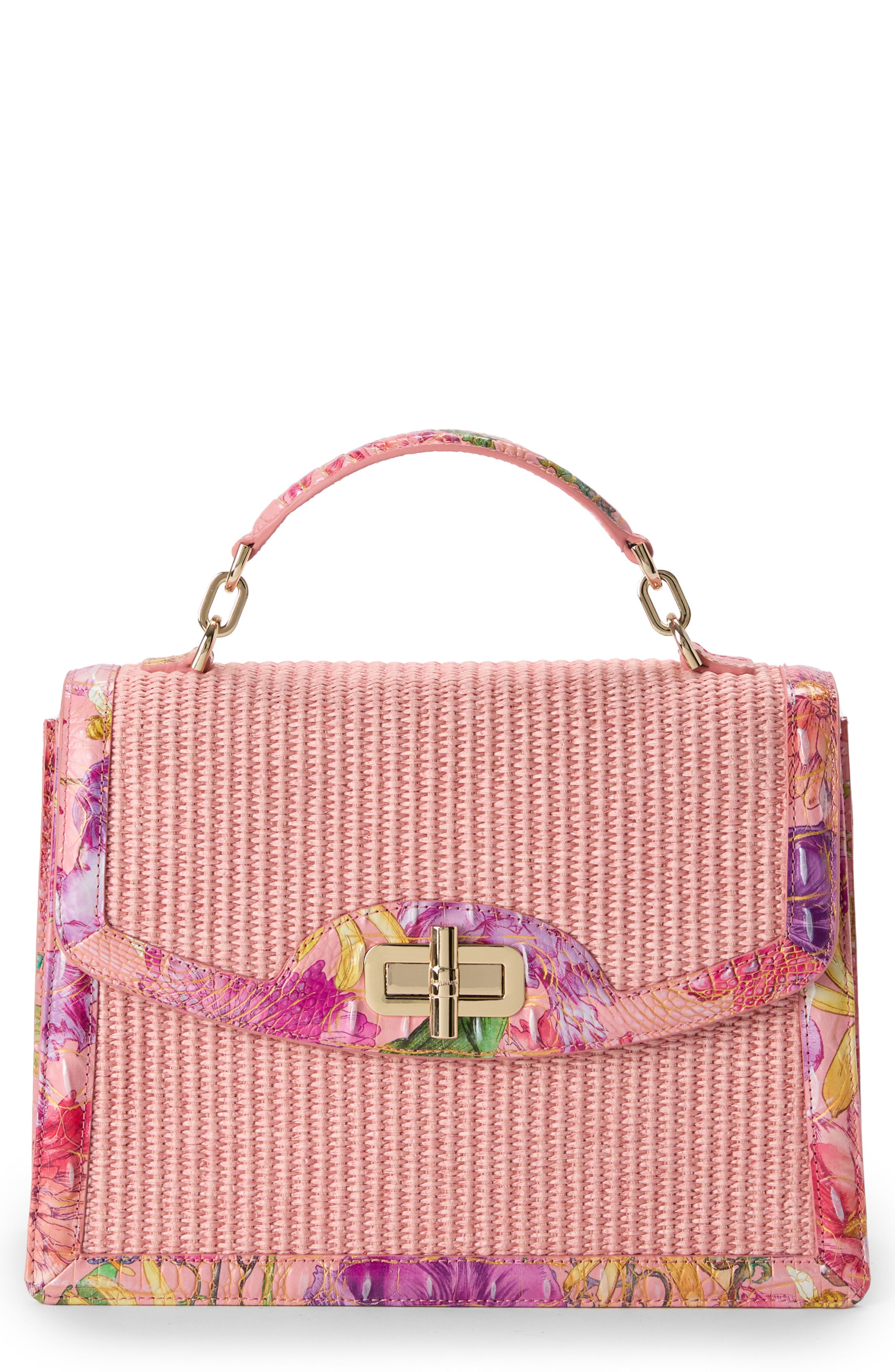 Brahmin Small Hallie Woven Straw & Croc Embossed Leather Satchel, Main, color, 