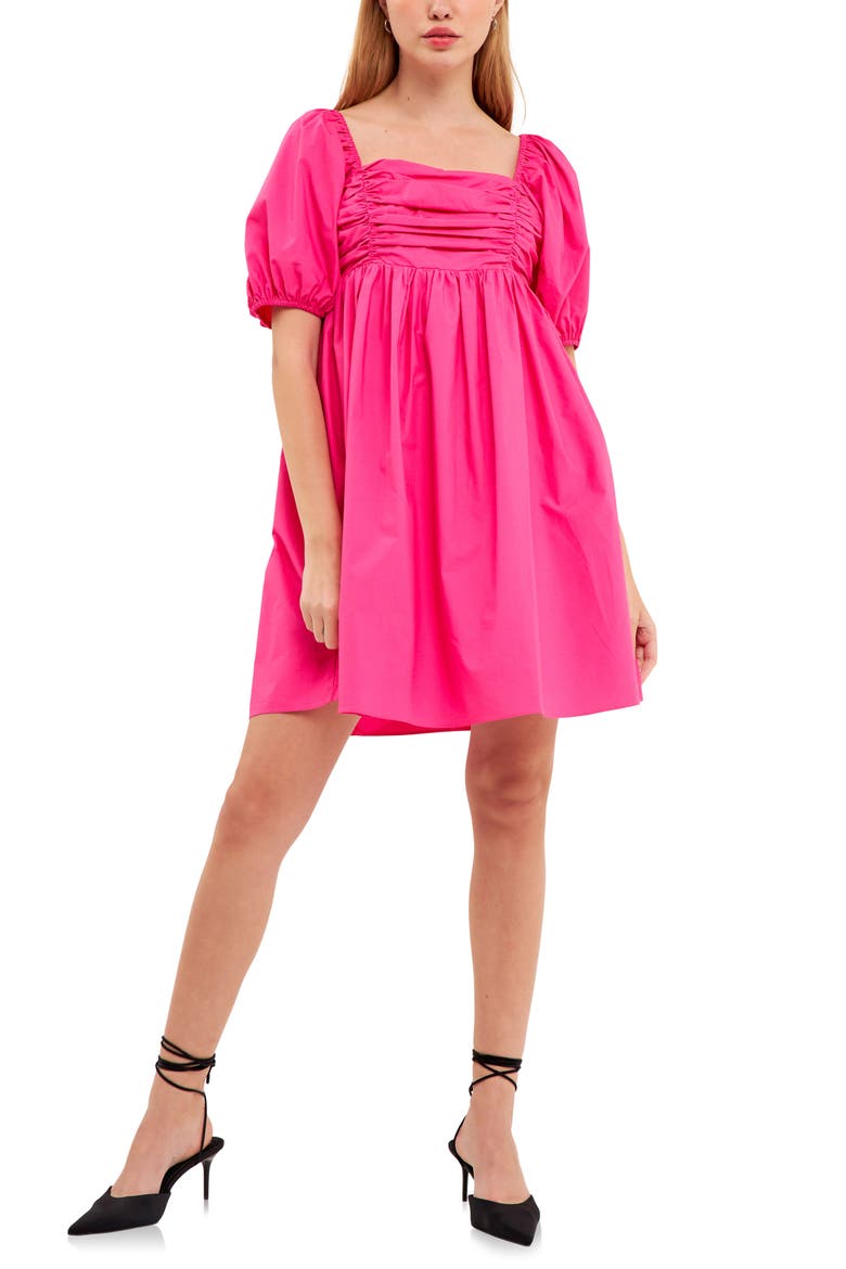 Ruched Puff Sleeve Cotton Poplin Minidress, Main, color, FUCHSIA