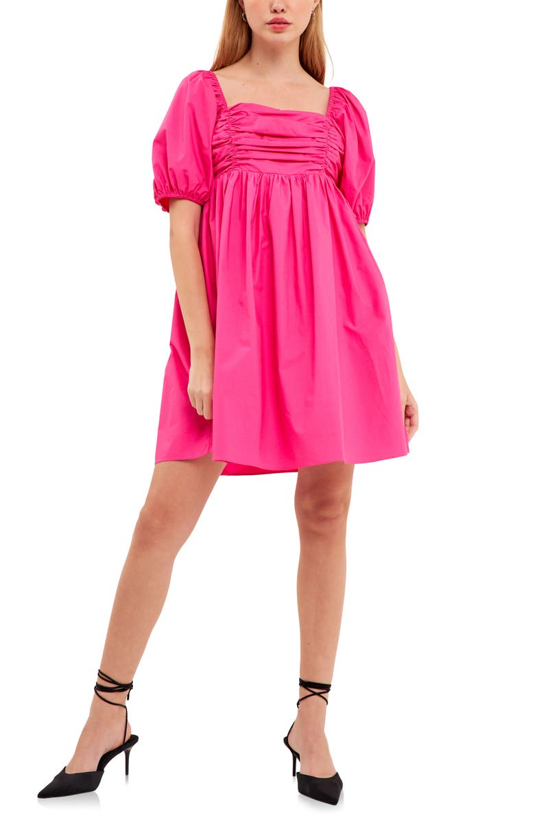 English Factory Ruched Puff Sleeve Cotton Poplin Minidress, Main, color,