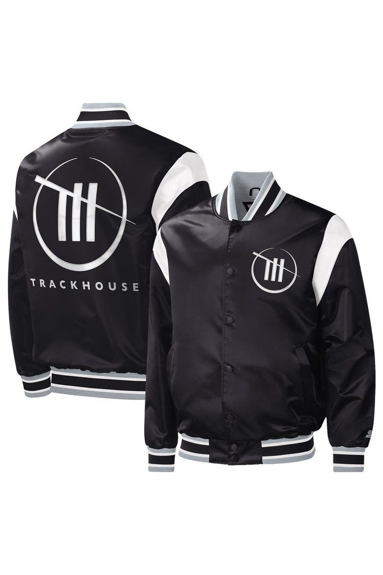 Men's Starter Black TRACKHOUSE RACING Force Play Full-Snap Varsity Jacket, Main, color, Black