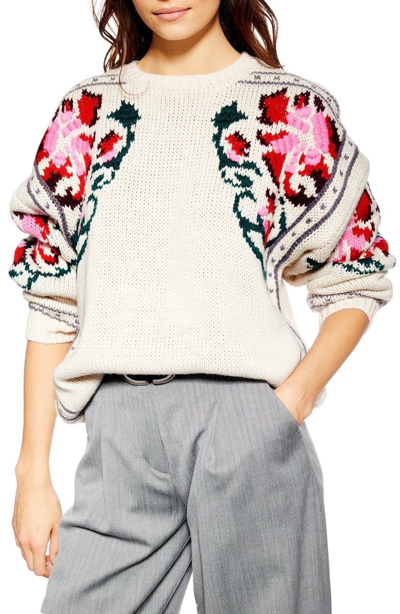 Topshop Floral Border Embroidered Sweater, Main, color,