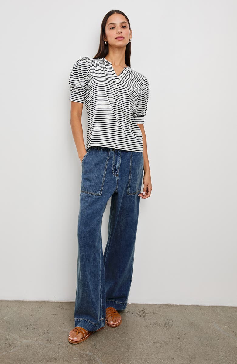 Rails Jewel Puff Sleeve Henley, Alternate, color, Ivory Navy Micro Stripe