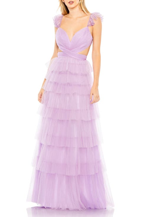Sequin Trim Sheer Strap Crisscross Cutout Waist Tiered Ruffle Gown