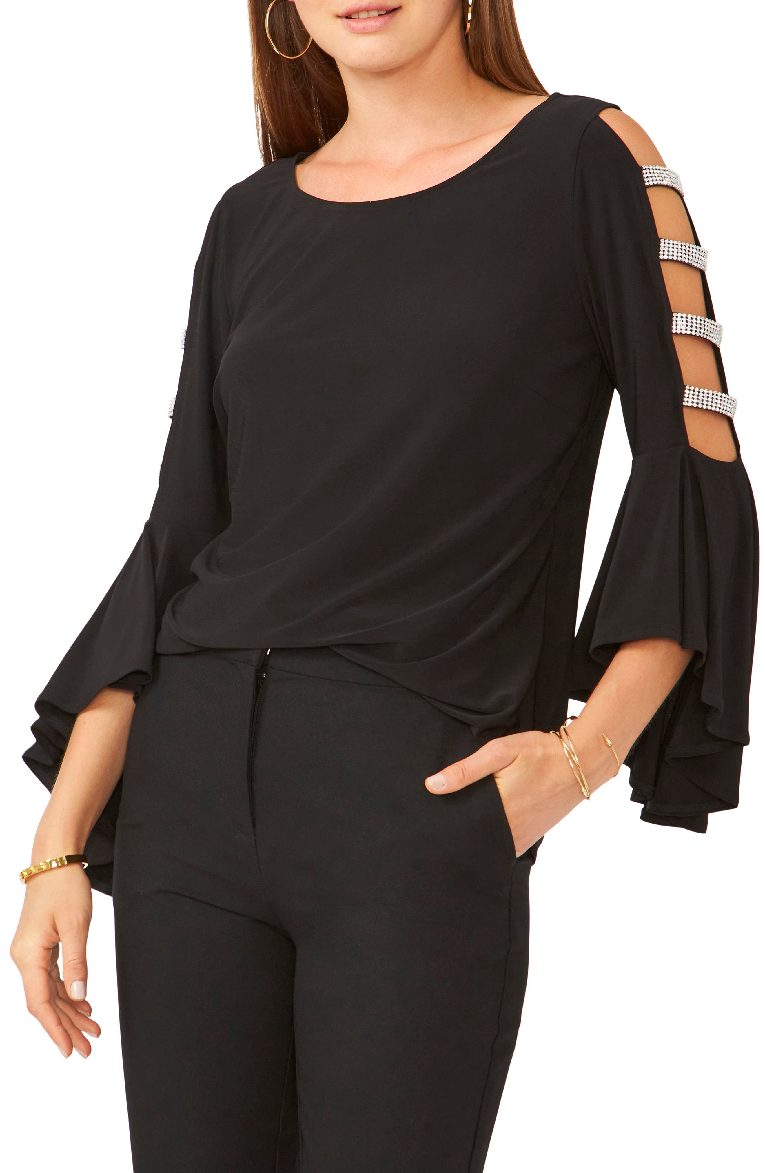 Chaus Ladder Trim Bell Sleeve Top in Black 