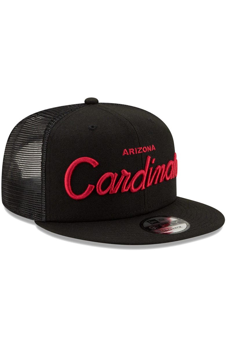New Era Men's New Era Black Arizona Cardinals Script Trucker 9FIFTY Snapback Hat, Alternate, color,