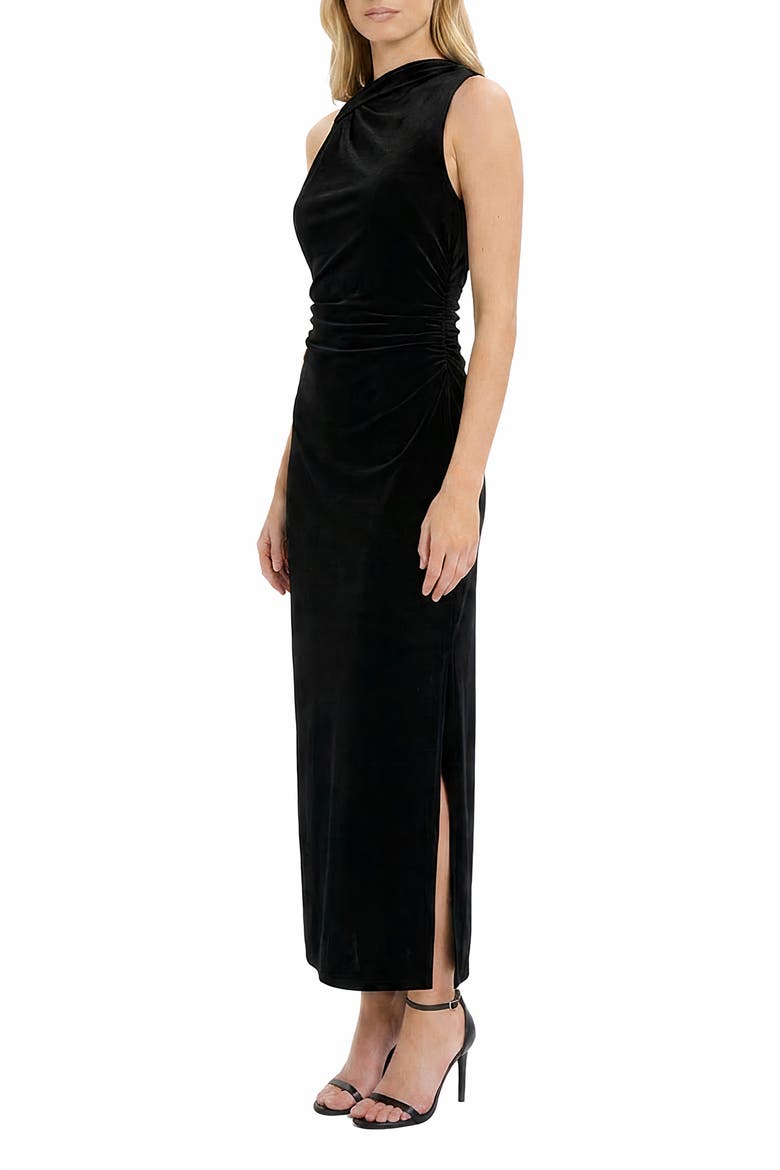 Velvet Knot Shoulder Midi Dress, Alternate, color, BLACK