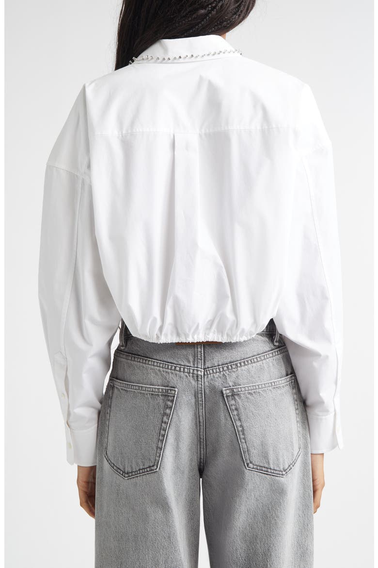 Crystal Stud Crop Drawstring Waist Cotton Button-Up Shirt, Alternate, color, WHITE