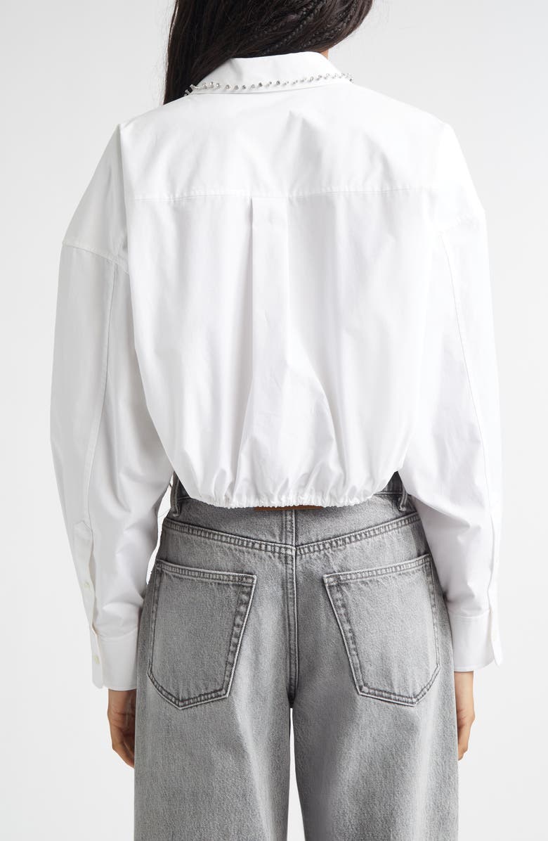 Alexander Wang Crystal Stud Crop Drawstring Waist Cotton Button-Up Shirt, Alternate, color, White